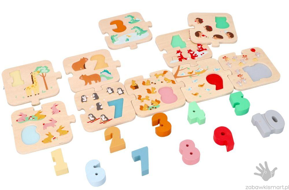 Drewniane puzzle ze zwierzątkami Lelin- nauka liczenia Montessori