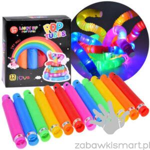 Rurki Sensoryczne ŚWIECĄCE LED (AKS)- zabawka edukacyjna gąsienica- zestaw 12 szt.